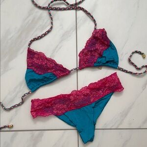 Teal and Pink Lace Bikini Set